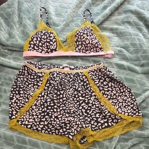 Victoria's Secret Black and Pink Leopard Pajama Set with Yellow Lace